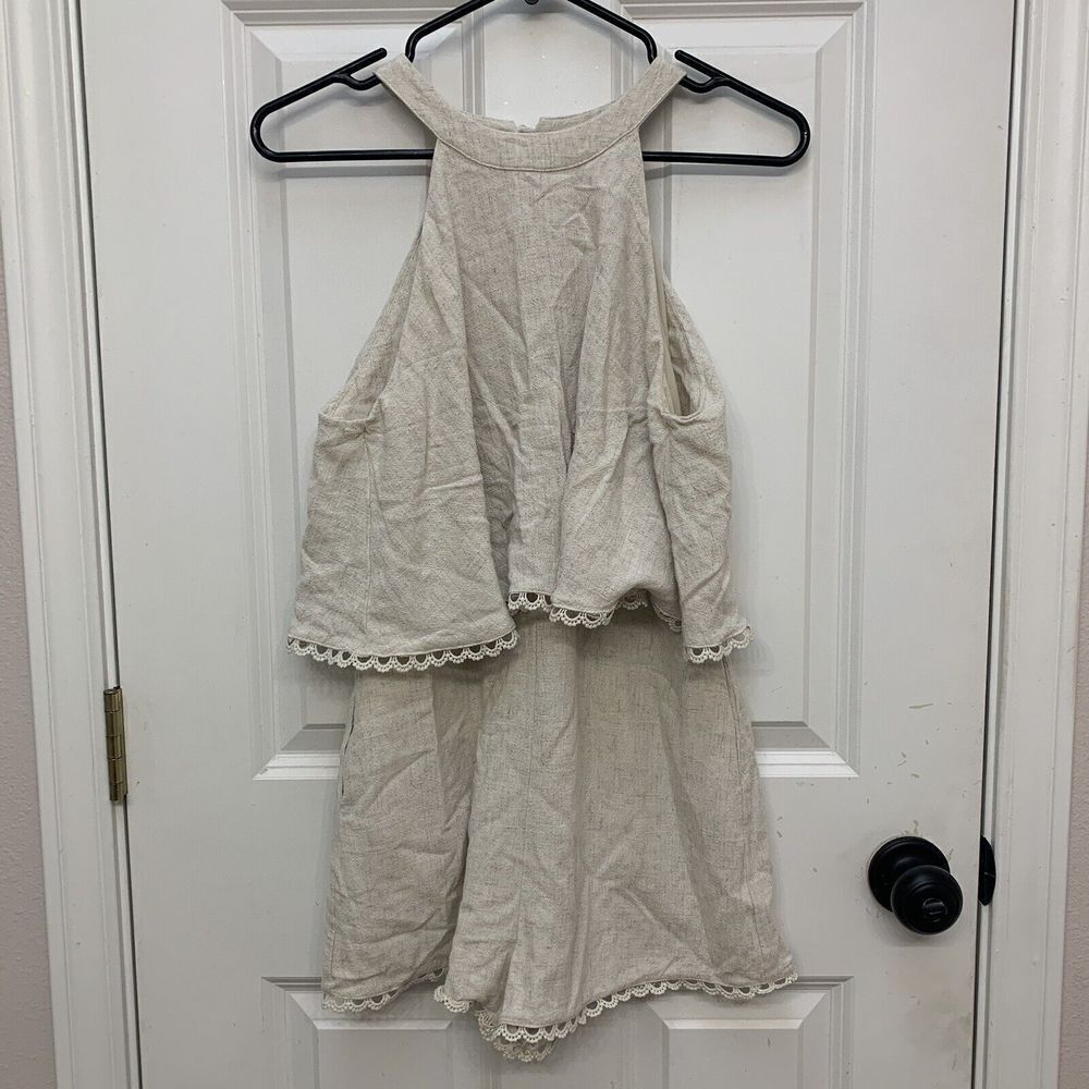 Sage The Label Women Sz S Sleeveless Romper Linen Layered Look High Neck Pockets
